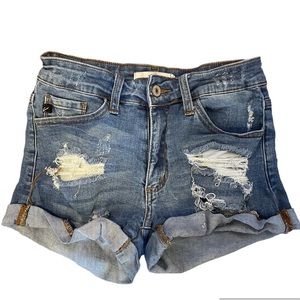 KanCan Ripped Mid Wash Blue Denim Midrise Shorts